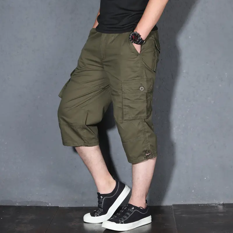 Men Khaki Multi Pocket Cropped Shorts Plus Size Summer